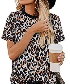 Lrady Women's Casual Shirts Leopard Print Summer Tops Basic Short Sleeve Blouse